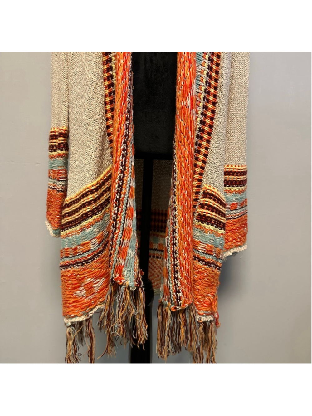 B.Original by Shoe Fly Long knit Cardigan Beige & Orange Women’s Medium Boho - Picture 10 of 11